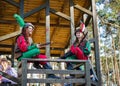 Two guys cosplay in medieval costumes of musicians