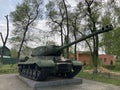 Voronezh, Russia May 5, 2020: Close up of monument of military tank. Heavy old memorial, preserves living memory of war