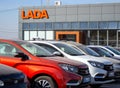 A number of new cars brand `LADA` at the dealer building Royalty Free Stock Photo