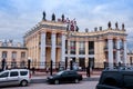 Railway station building with proletarian statues on the roof