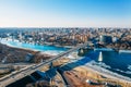 Voroshilovskiy Bridge above Don river and Rostov On Don aerial panoramic view of beautiful winter Russian city Royalty Free Stock Photo