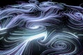 Vortical line pattern, glowing particles trails, 3d rendering