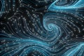 Vortical line pattern, glowing particles trails, 3d rendering