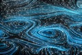 Vortical line pattern, glowing particles trails, 3d rendering