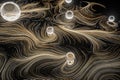 Vortical line pattern, glowing particles trails, 3d rendering