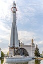 Vostok rocket in front of The Cosmonautics and Aviation Centre in the Cosmos pavilion