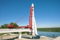 Vostok space rocket against the backdrop of the Oka river. Kaluga Royalty Free Stock Photo