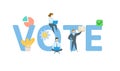 Vote banner with people. Concept with keywords, letters, and icons. Flat vector illustration. Isolated on white