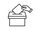 Vote box with ballot, line icon. Hand holding ballot paper, election. Vote and opinion. Vector