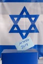 Vote box. Hebrew text Elections 2019 on voting paper over Israel flag background. Royalty Free Stock Photo