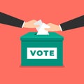 Vote check mark ballot.Businessman hand putting voting paper in the ballot box. Voting concept in flat style. Royalty Free Stock Photo