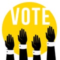 Vote concept illustration.People voting.Hands raised up, retro flat style design.Hands holding up, letters VOTE. Royalty Free Stock Photo