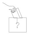 Vote Continuous Line Drawing. The Hand Puts the Voting Form in the Ballot Box. The winner of the election is unknown - a