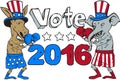 Vote 2016 Donkey Boxer and Elephant Mascot Cartoon