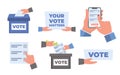 vote election concept. cartoon minimalistic political voting hand holding icons, justice democracy referendum balloting Royalty Free Stock Photo