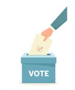 Vote. A hand throwing a bulletin into the ballot box. Vector illustration in cartoon flat style.