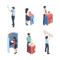 Vote isometric. Political people speakers reporter voting campaign politic choice vector characters