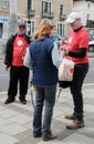 Vote Leave campaigners seen speaking to a member of the public in an English town. Royalty Free Stock Photo