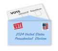 Vote by letter concept. USA Presidential election 2024. Envelope with stamp, address, and voting card