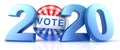 Vote 2020. Red, white, and blue voting pin in 2020 with Vote text.