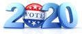 Vote 2020. Red, white, and blue voting pin in 2020 with Vote text.