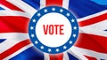 Vote text on UK flag waving in wind British Elections background. British Parliament Union Jack Flag background, 3d rendering.