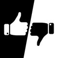 Vote thumbs up icon in black and white inverse fields. Make a choice, yes or no, love it or hate it, like or dislike win