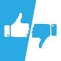 Vote Thumbs Up Icon In Blue And White Inverse Fields. Make A Choice, Yes Or No, Love It Or Hate It, Like Or Dislike Win
