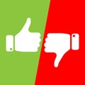 Vote thumbs up icon in red and green fields. Make a choice, yes or no, love it or hate it, like or dislike win or loss