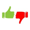 Vote thumbs up icon in red and green . Make a choice, yes or no, love it or hate it, like or dislike win or loss. Vector