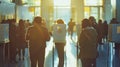 Voters at voting booths in a warmly lit polling station. Concept of active civic participation, democratic process Royalty Free Stock Photo