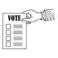 Voting ballot, form, list icon. Vector illustration of ballot paper in hand. Hand holds a blank, document, sheet of paper with tex