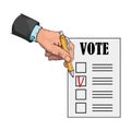 Voting ballot, form, list icon. Vector illustration of ballot paper in hand. Wrist hand holds a blank with a check mark