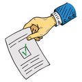 Voting ballot, form, list icon. Vector illustration of ballot paper in hand. Wrist hand holds a blank with a cross mark, document