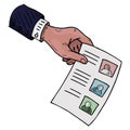 Voting ballot, form, list icon. Vector illustration of ballot paper in hand. Wrist hand holds a blank with a check mark, document