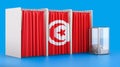 Voting booths with Tunisian flag and ballot box. Election in Tunisia, concept. 3D rendering