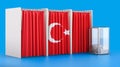 Voting booths with Turkish flag and ballot box. Election in Turkey, concept. 3D rendering