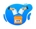 Voting box icon. Election voting concept. The hand throws the ballot into the box for collecting votes. Vector