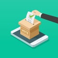 Voting box online on mobile phone vector illustration, flat isometric voter hand on smartphone internet election Royalty Free Stock Photo