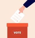 Voting box. Vote day, election packaging. Hand holds ballot. Politics opinion, voter survey. Flat balloting paper choice Royalty Free Stock Photo