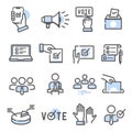 Voting and election set of thin line icons isolated on white. Politician, electorate outline blue pictograms.