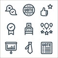 voting elections line icons. linear set. quality vector line set such as ballot, tie, chart, balloons, ballot box, badge, positive