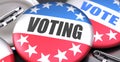 Voting and elections in the USA, pictured as pin-back buttons with American flag colors, words Voting and vote, to symbolize that Royalty Free Stock Photo