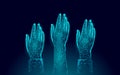 Voting hands raising to sky. 3D polygonal vote online. Election day volunteer meeting demoncracy. Technology design