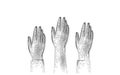 Voting hands raising to sky. 3D polygonal vote online. Election day volunteer meeting demoncracy. Technology design