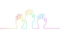 Voting hands raising to sky. One continuous line art vote online. Election day volunteer diversity different rainbow