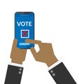 Voting online concept. black people hand press confirm button for vote via mobile smart phone. electronic voting, election Royalty Free Stock Photo