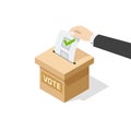 Voting vector man hand political ballot in vote box