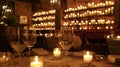 The votive candle wall serves as a stunning backdrop for the romantic dinner setting. 2d flat cartoon Royalty Free Stock Photo