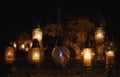 Votive candles lantern burning on the graves in Slovak cemetery at night time. All Saints\' Day. Solemnity of All Saints Royalty Free Stock Photo